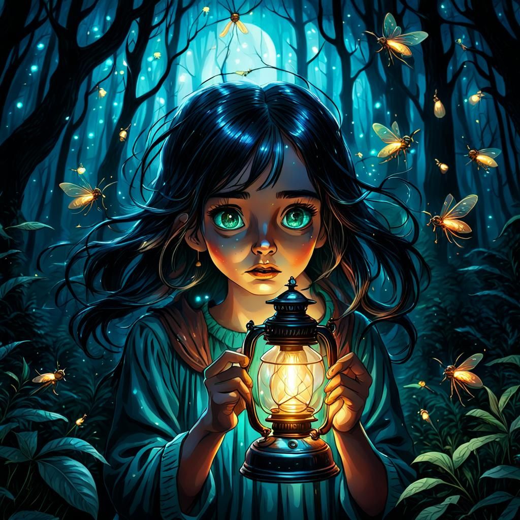Girl in Dark Magical Forest, Holding Shiny Lamp