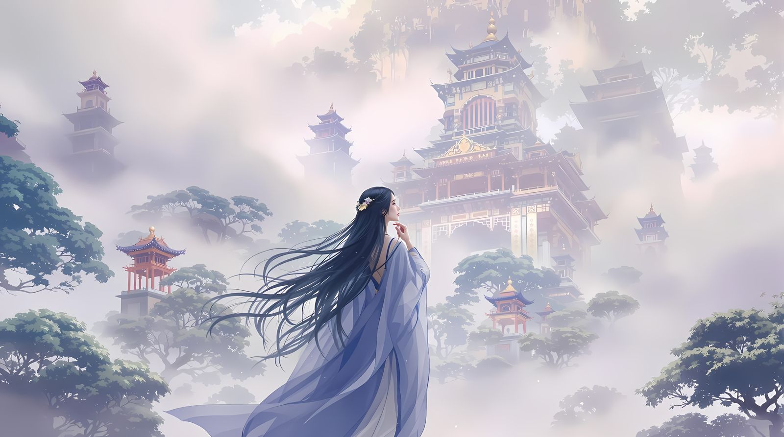 Ethereal Asian Palace Scene in Misty Landscape