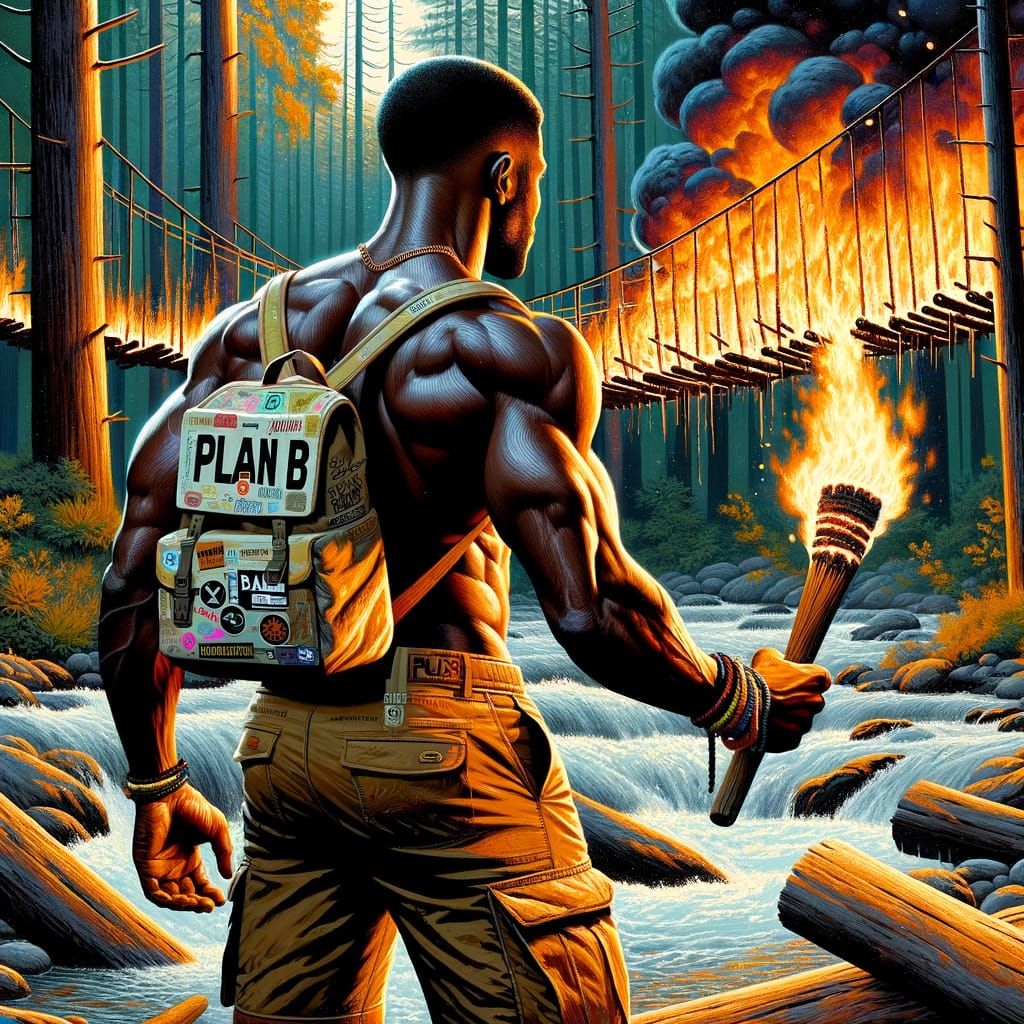 Muscled Black Man Watches Burning Bridge in Vibrant Forest
