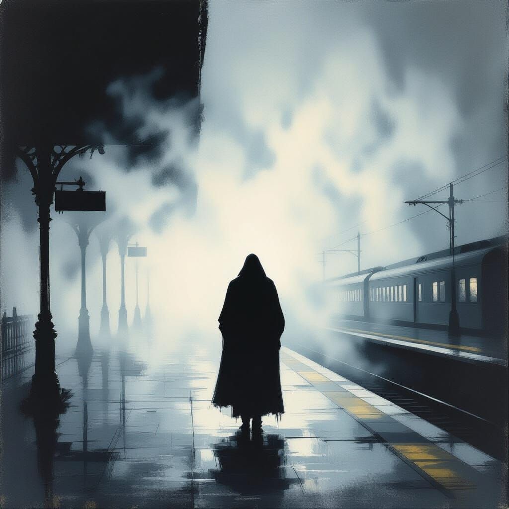 Cloaked Figure on Misty Train Platform, Neo-Impressionist St...
