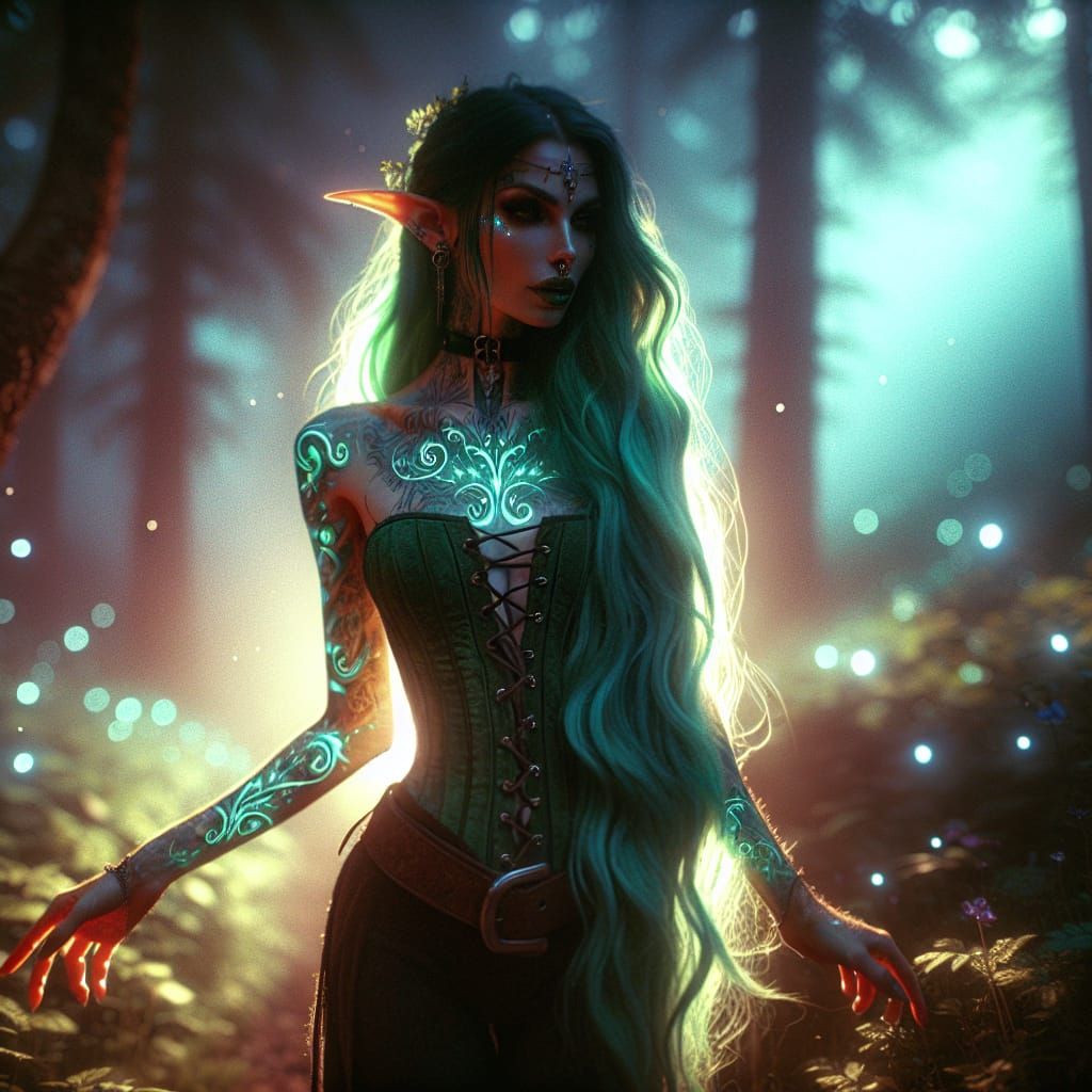An elven woman with luminescent tattoos
