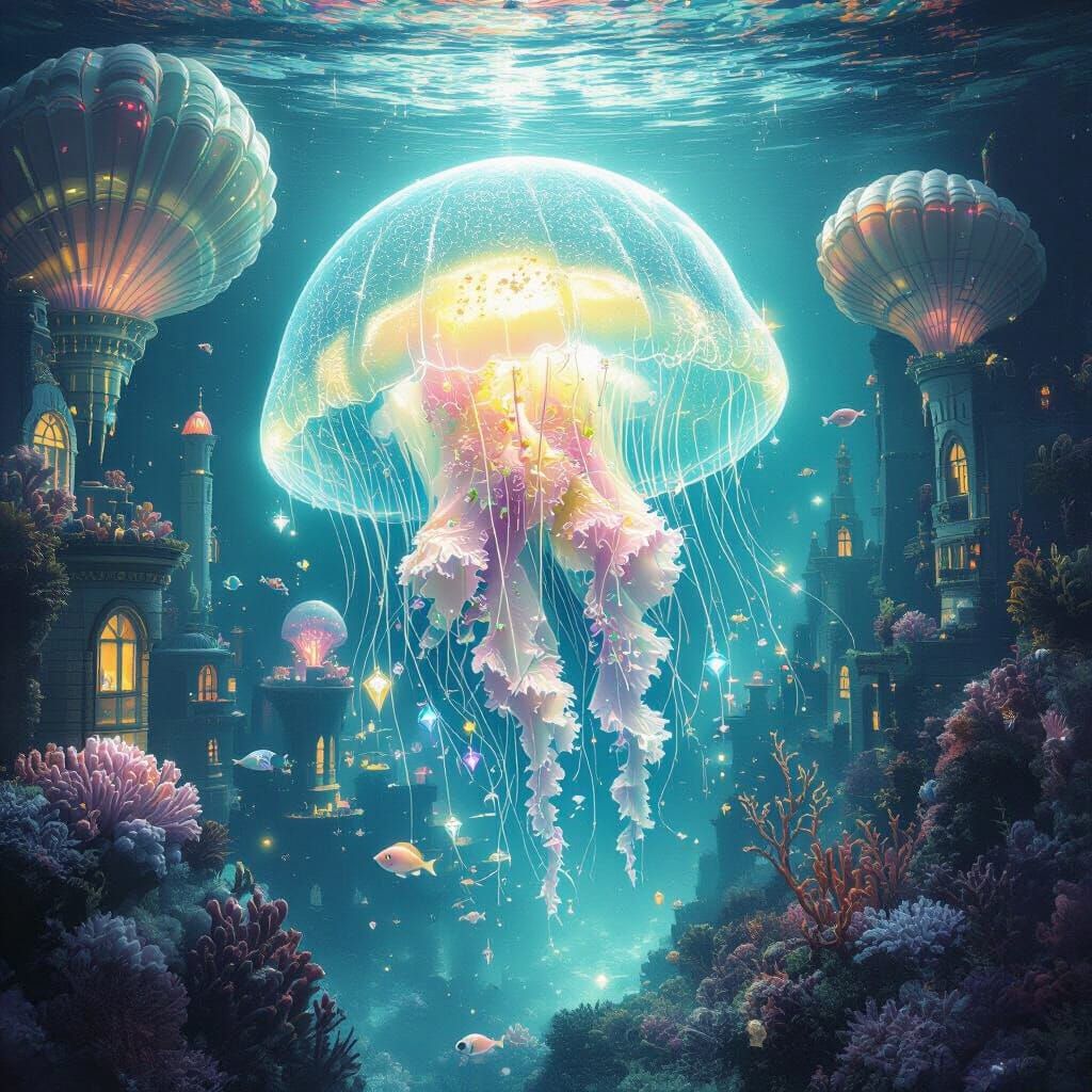 Bioluminescent Jellyfish in Underwater Cityscape