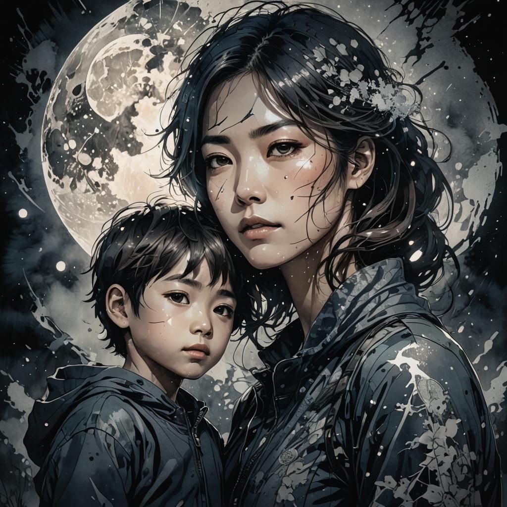 Mother and Son in Moody Manhwa-Inspired Portrait with Ink Sp...