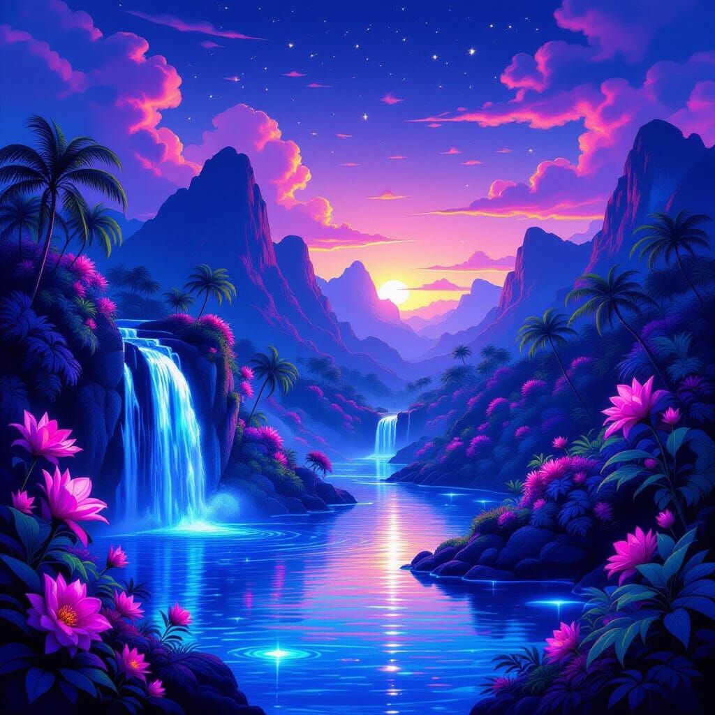 Mystical Island Under Radiant Twilight Sky