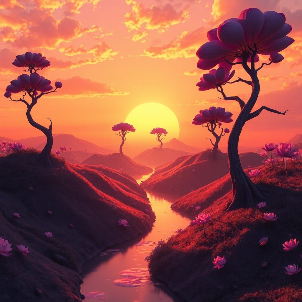 Surreal Lotus Landscape at Sunset: Matte Painting