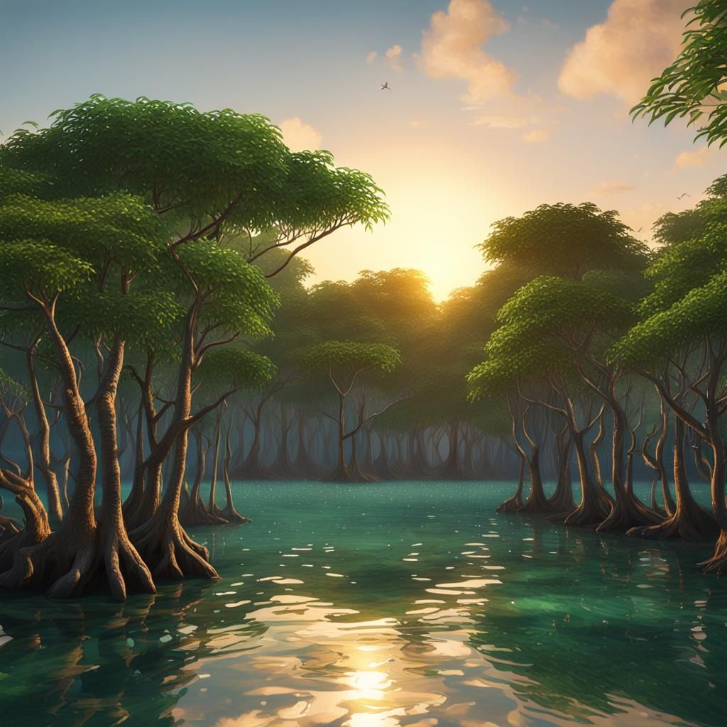 Surreal Mangrove Landscape at Sunset in Vivid Color