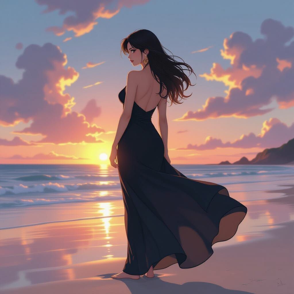 Anime Woman on Beach in Ghibli-Inspired Style