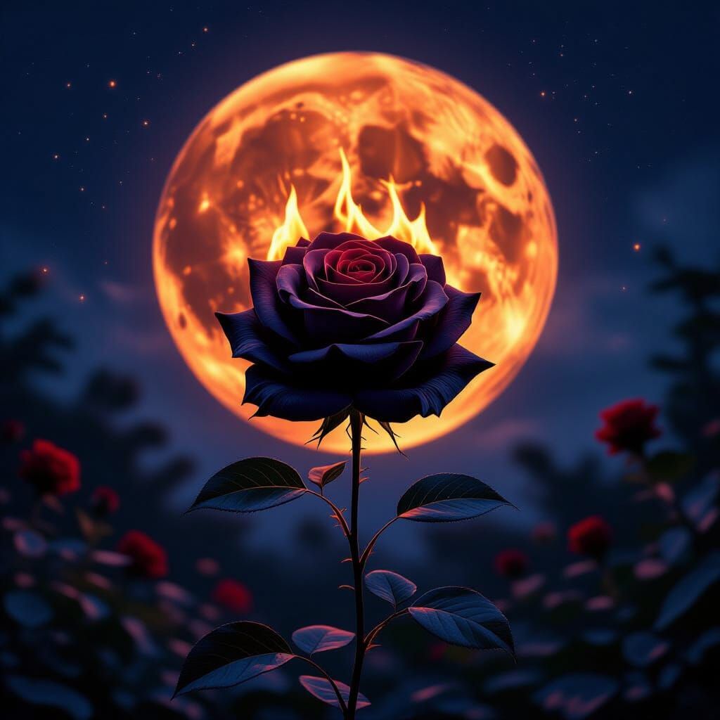 Giant Black Rose Burns Under Blood Moon in Magical Garden