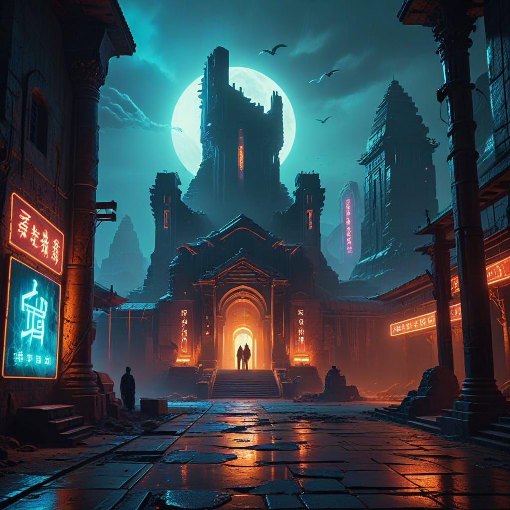 Cyberpunk Monastery in Ancient City at Dusk