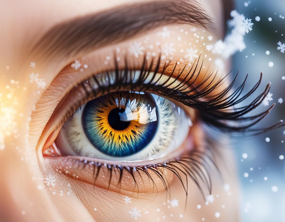 Close-Up of a Girl's Eye in a Snowy Landscape, Macro Photogr...