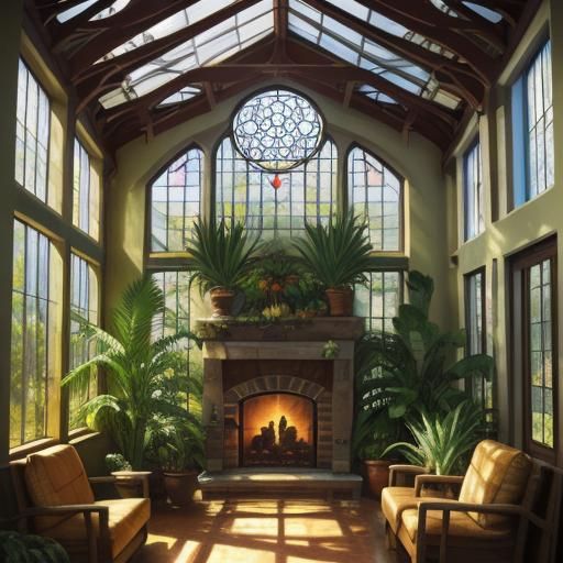 stained glass tropical home greenhouse fireplace