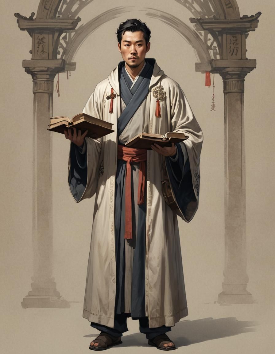 Medieval Scholar in Elegant Robes Studies Ancient Tomes