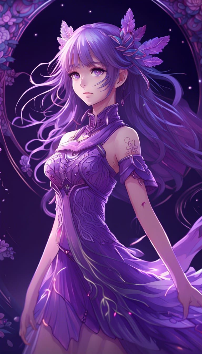 Ethereal Anime Goddess in Iridescent Purple