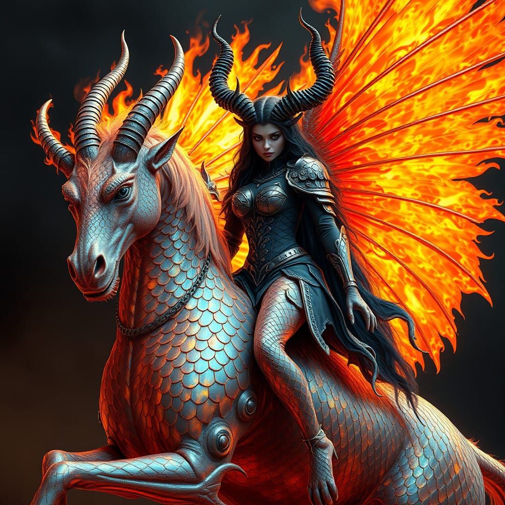 Demon Girl Rides Majestic, Flame-Lit Pegasus in Gothic Splen...