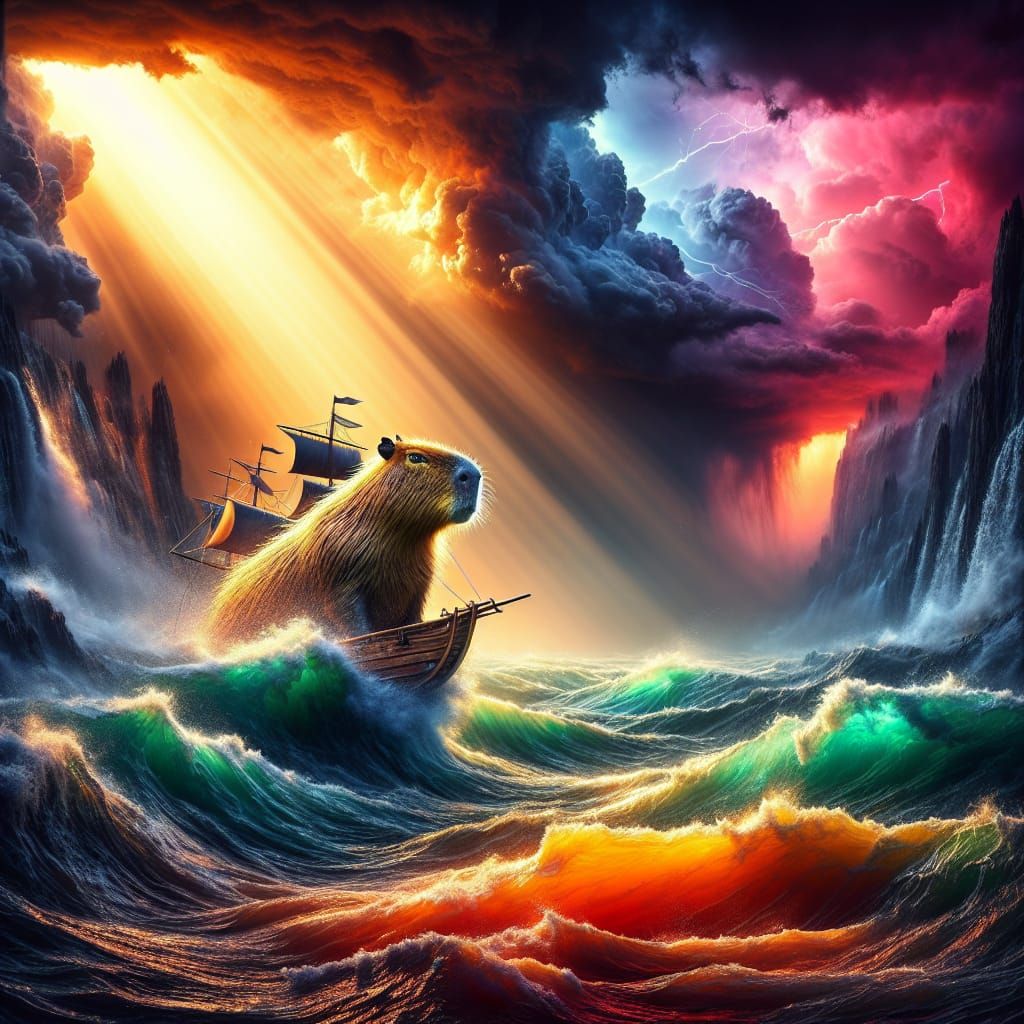 Capybara Ship Sails Through Stormy Seas in Vibrant Hyper-Rea...