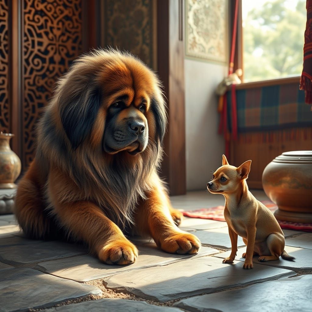 Majestic Tibetan Mastiff Observes Tiny Chihuahua in Traditio...