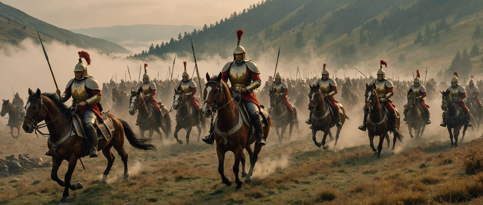 Chivalrous Knights Charge Down Hillside in Vibrant Armor