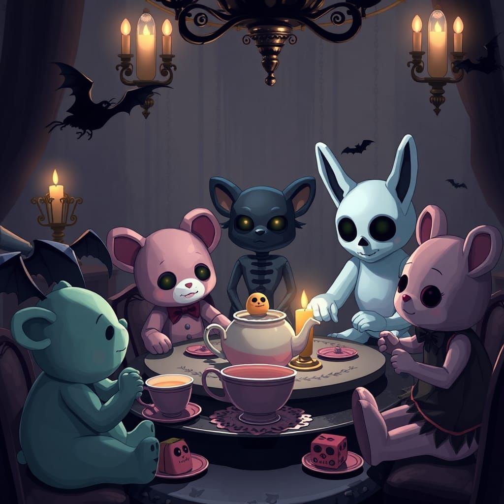 Gothic Stuffed Animals in Anime Art Style Tea Party