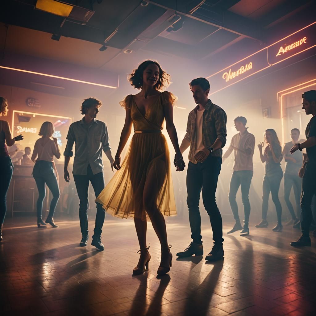 Dance Floor Sunrise: Neon-Lit Chaos in a Vibrant Film Still