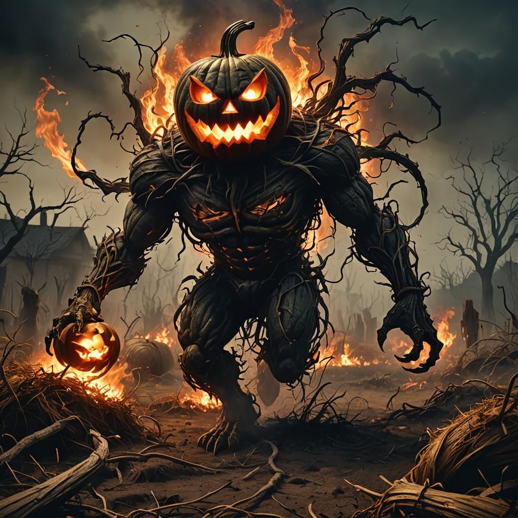 Dark Fantasy Pumpkin Monster Chases Victim Through Haunting...