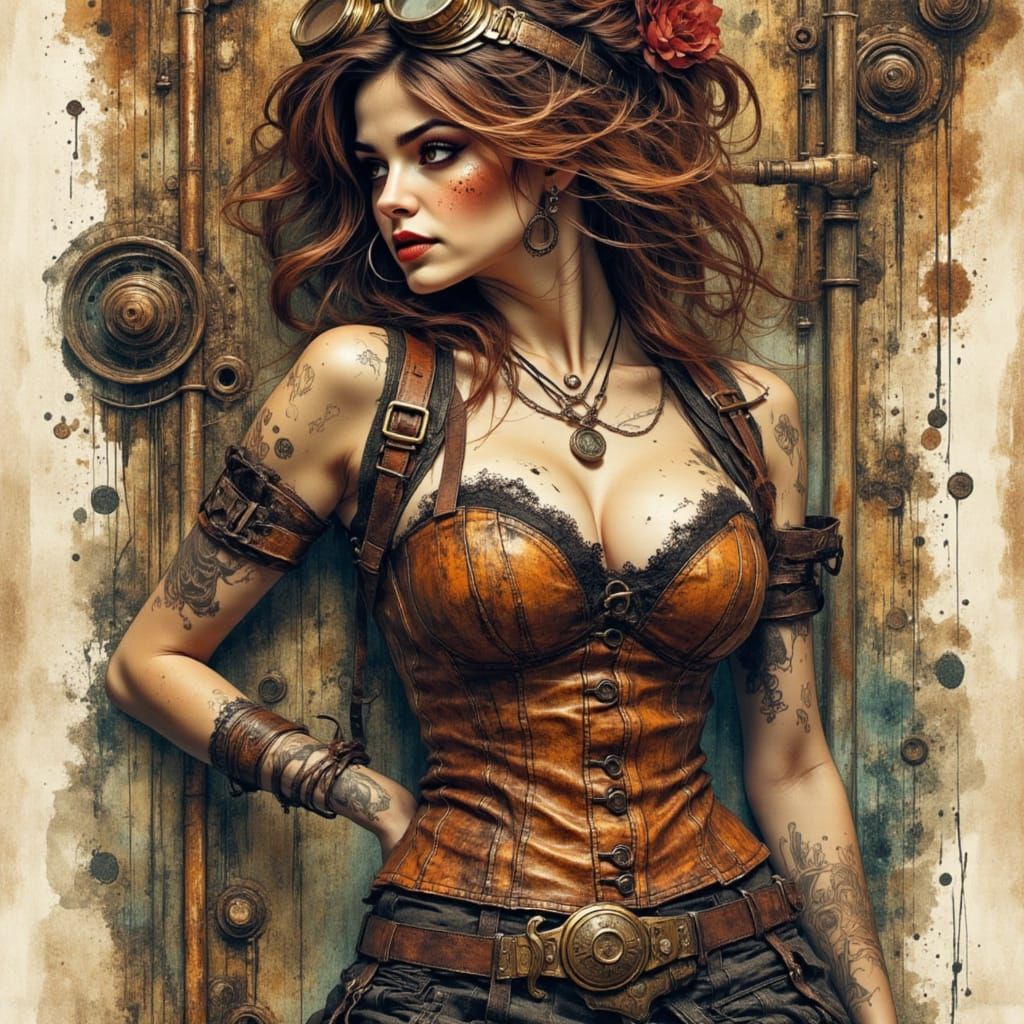 Steampunk Woman in Gritty Woodcut Watercolor Style