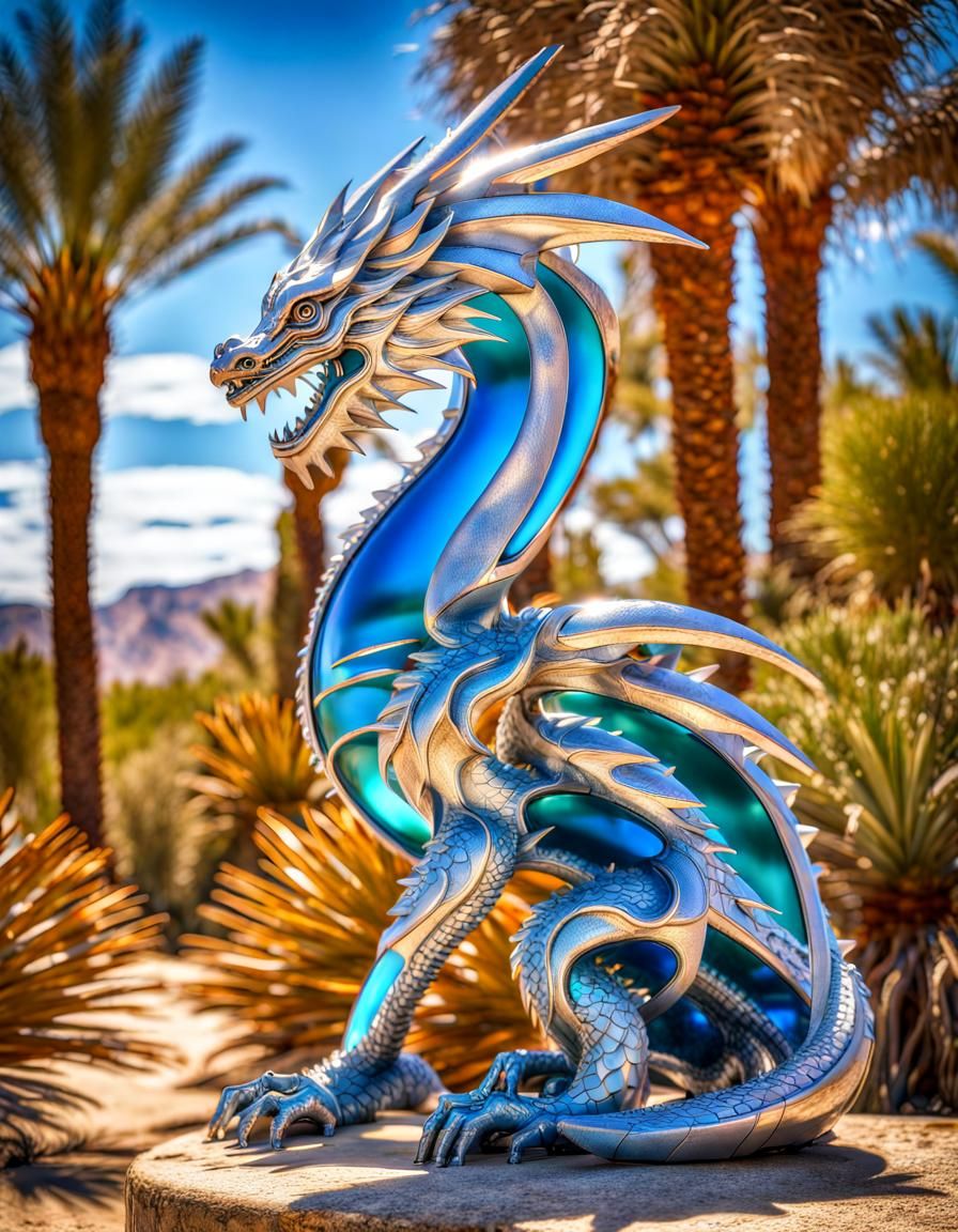 Silver Dragon Sculpture in Desert Oasis