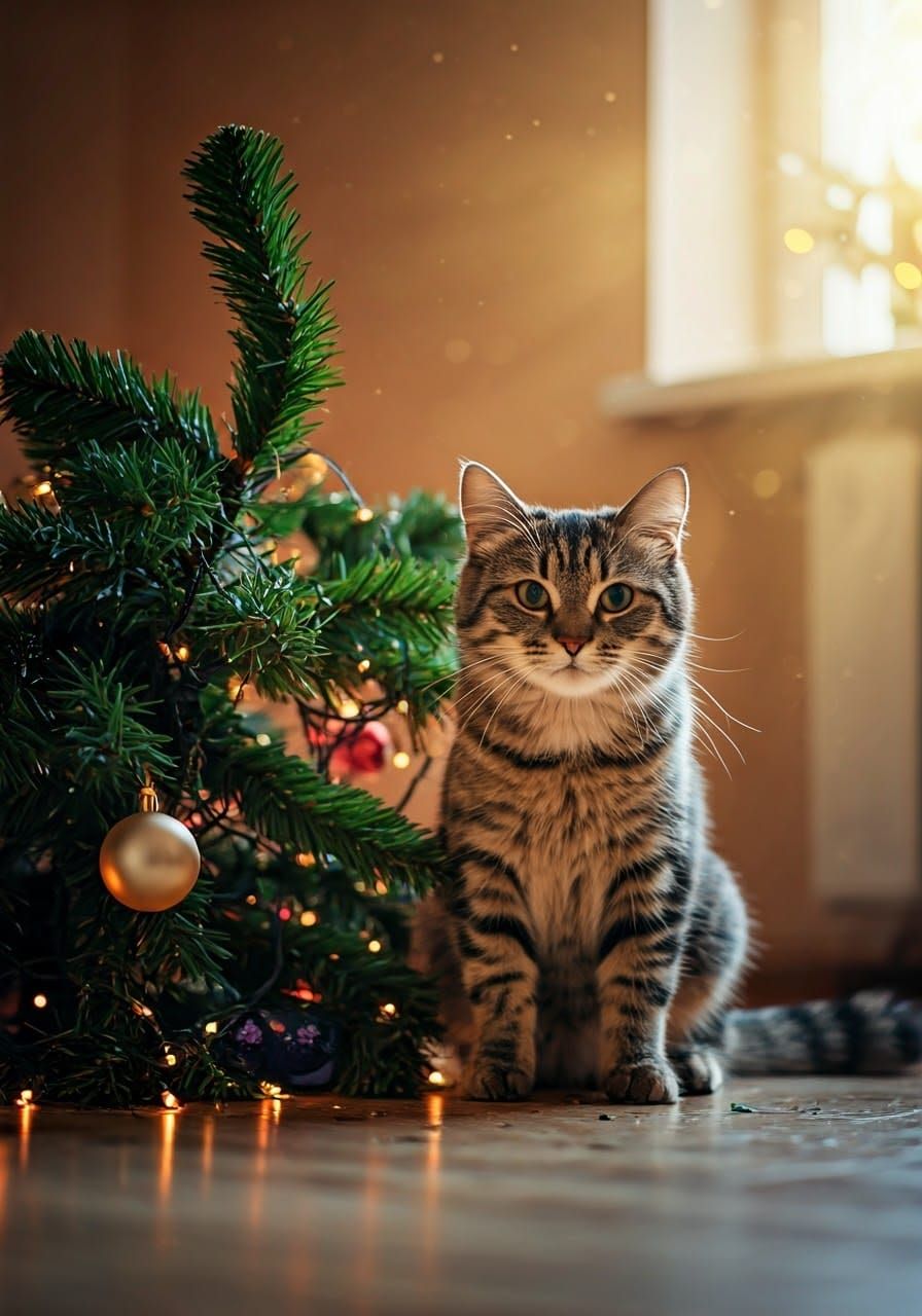 Worried Cat Beside Fallen Christmas Tree