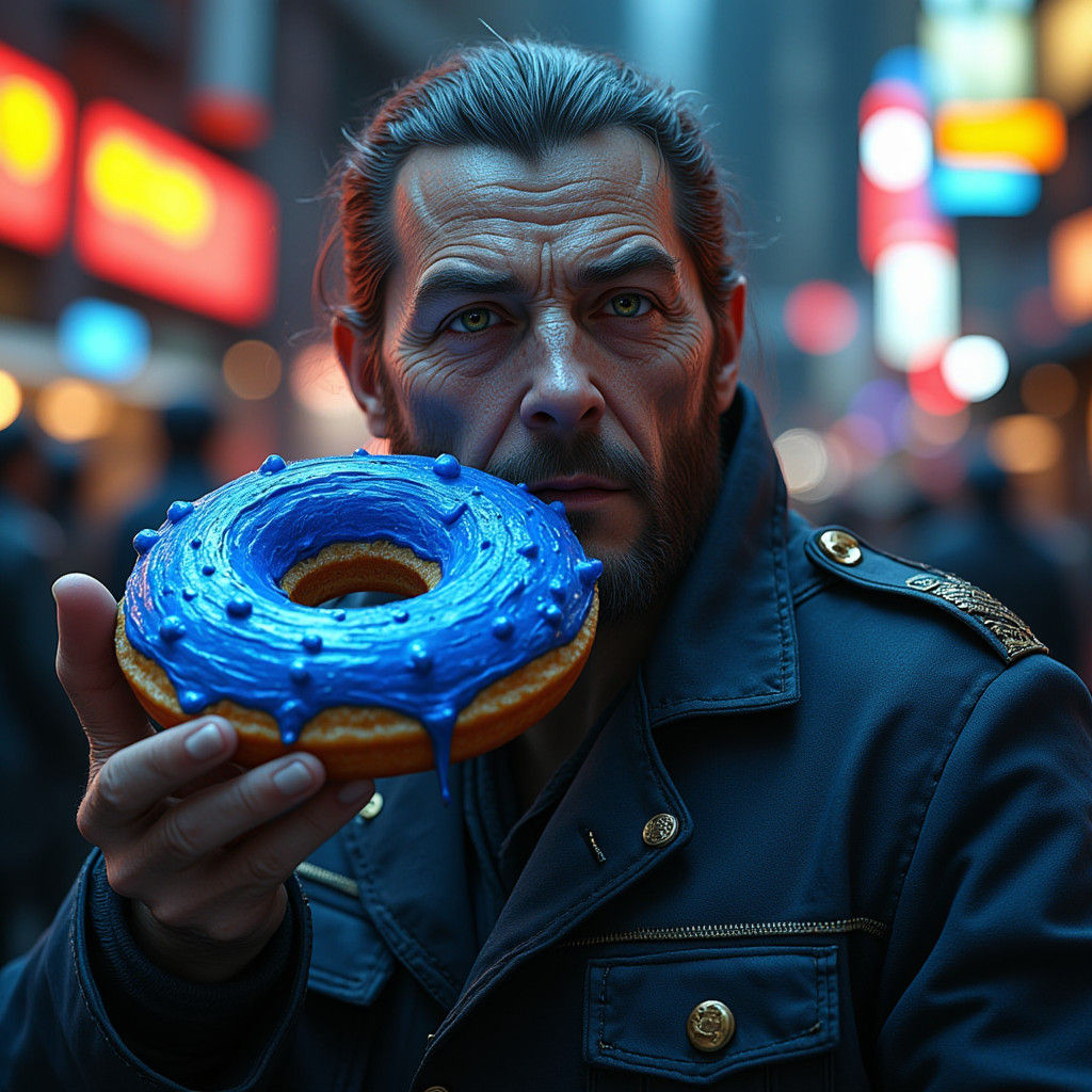 Triumphant Police Officer Devours Double Donut with Electric...