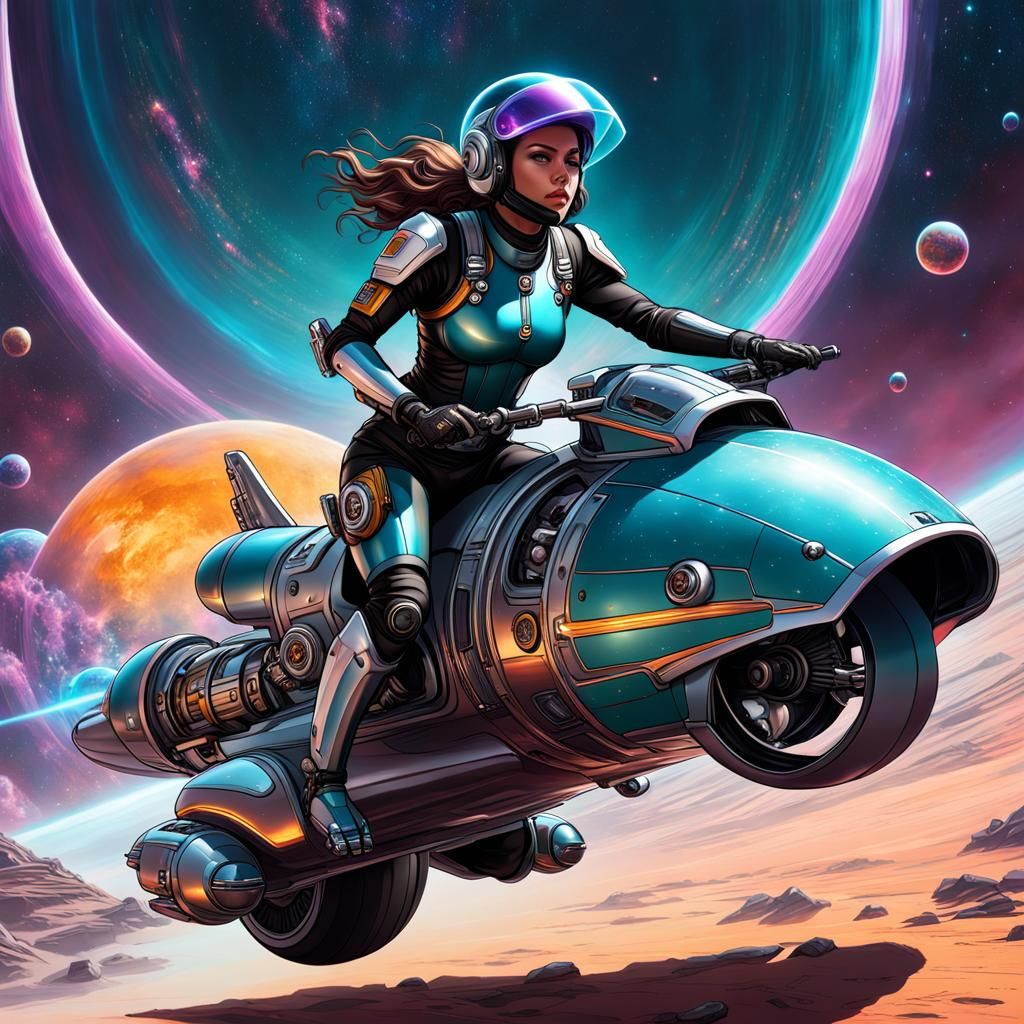 Sleek Female Rider Glides Across a Cosmic Horizon in a Jet-P...