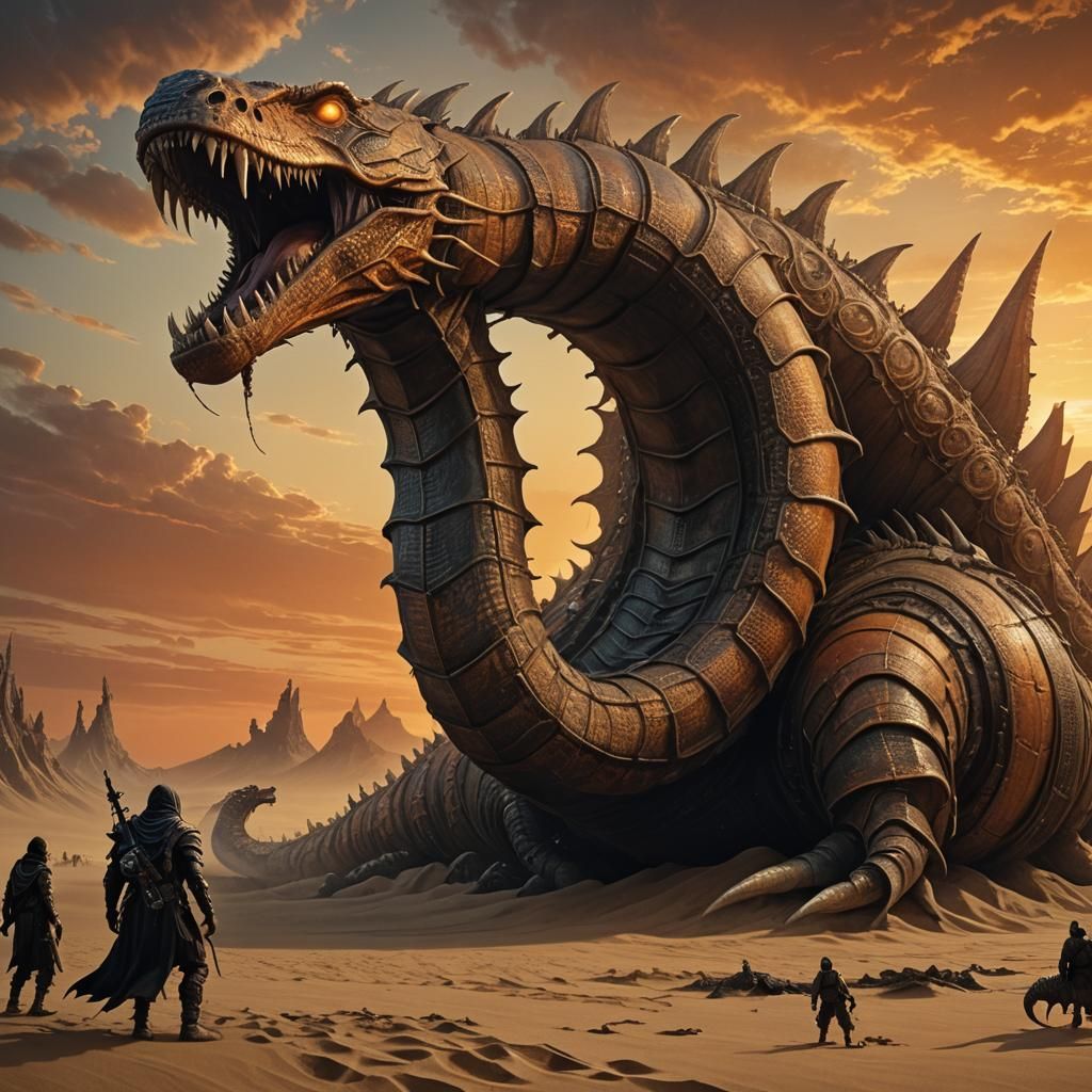 Nomad Rides Giant Sand Worm at Sunset in Vibrant Matte Paint...