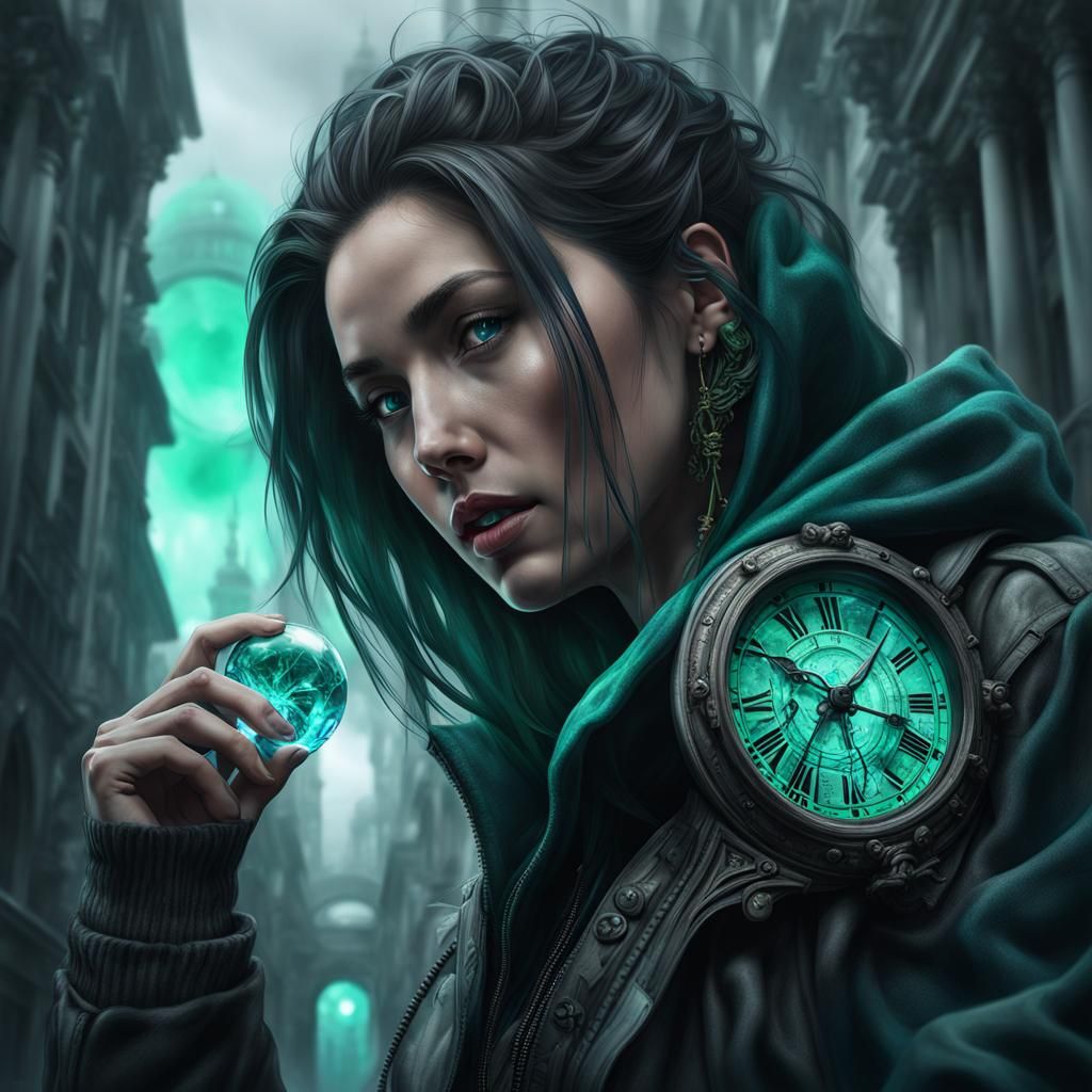 Cyberpunk Cityscape Inside a Clockwork Crystal in a Grey Sky