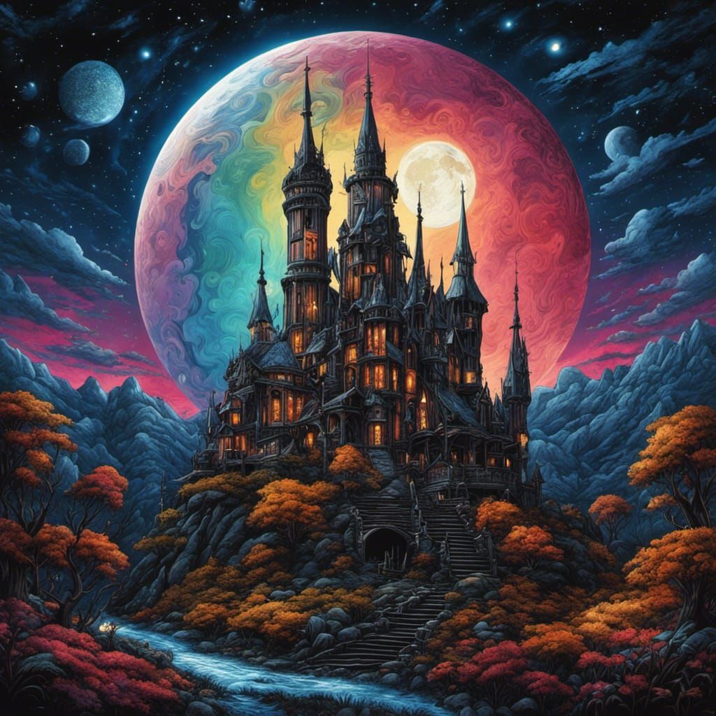 Gothic Masterpiece: Celestial Night Sky with Comet