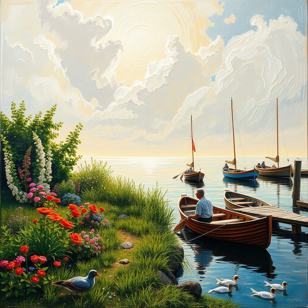 Impasto Summer Garden Scene on the Riverbank