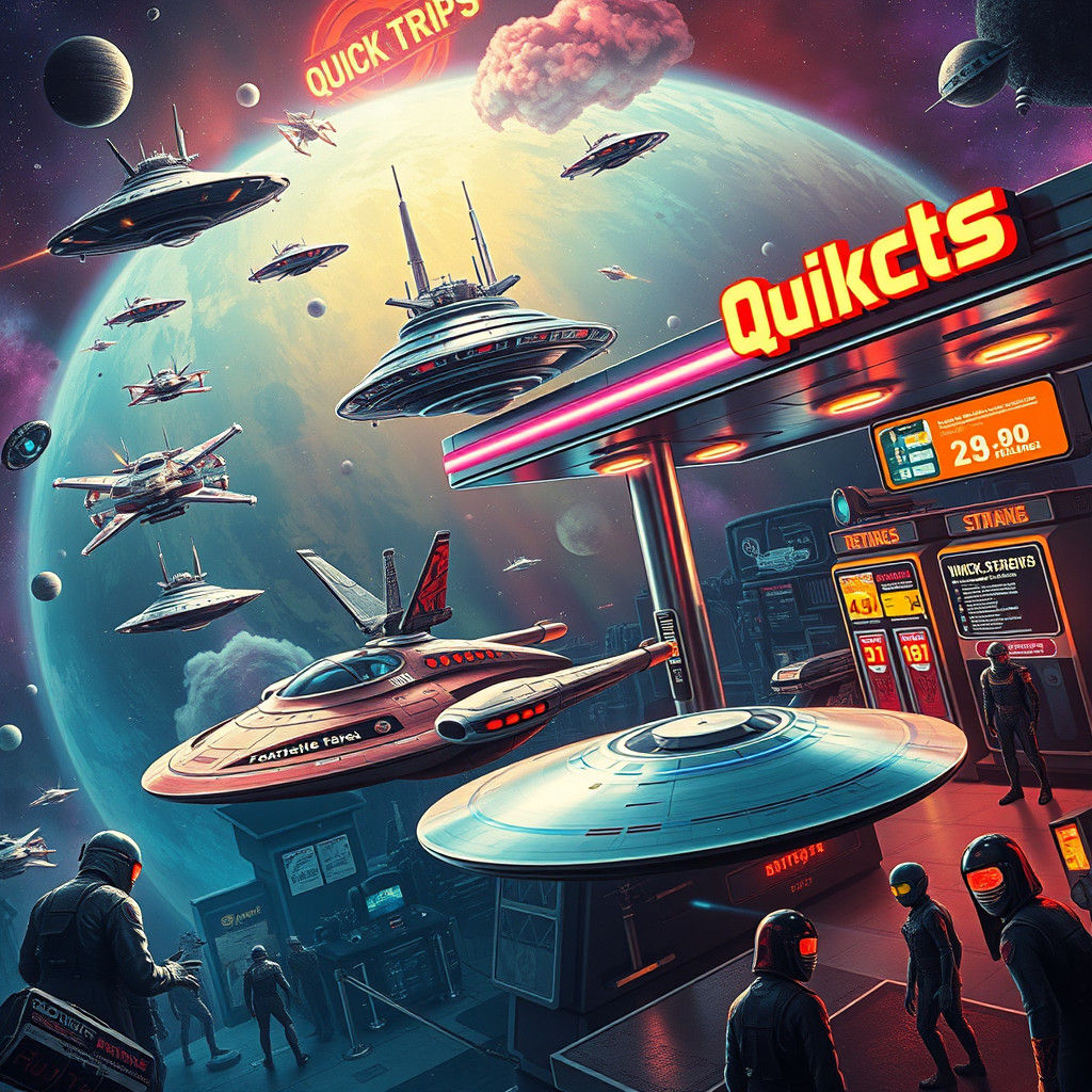 Retro-Futuristic Space Gas Station Amidst a Vibrant Nebula