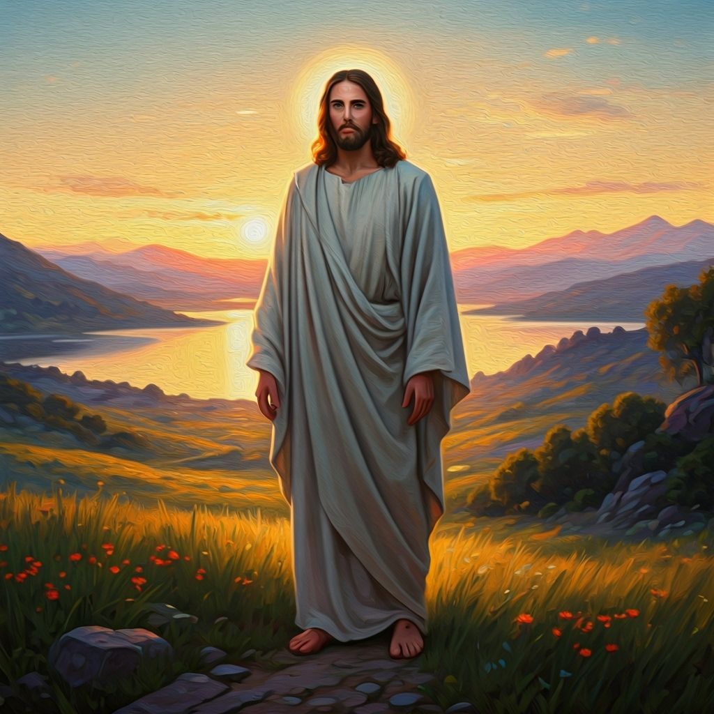 Jesus in Serene Landscape as Romantic Painting