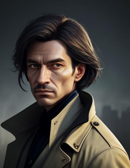 Hyperrealistic Sci-Fi Detective Portrait in a Trench Coat