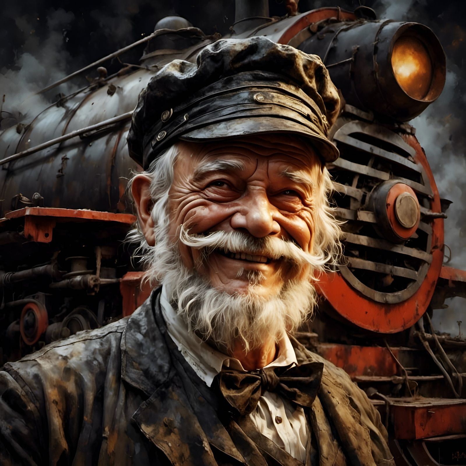 Hyperreal Oil Portrait of a Smiling Stoker in a Steam Locomo...