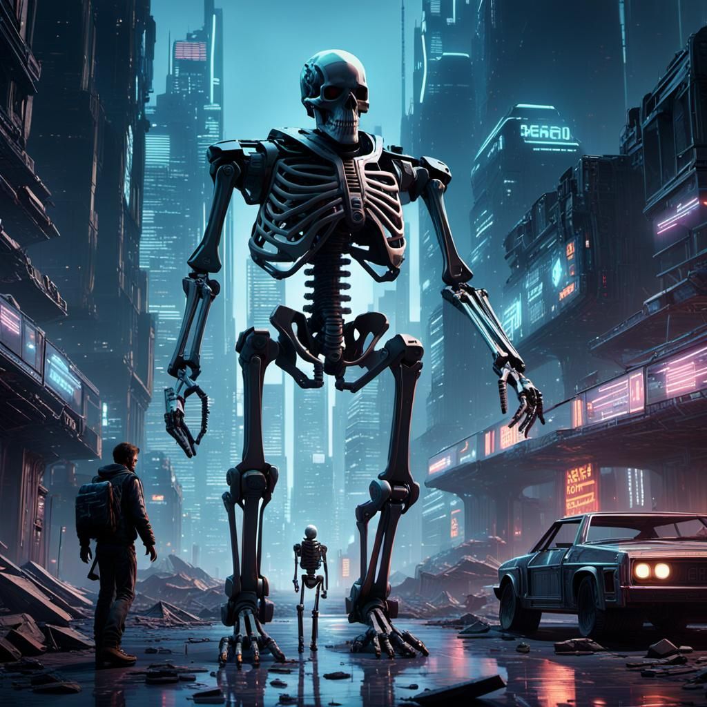 Cinematic Sci-Fi Skeleton in Futuristic City