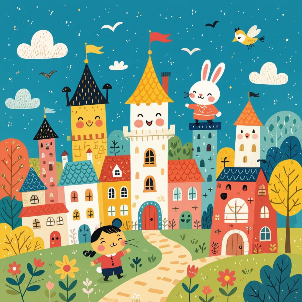 Cartoon Landmarks with Smiling Characters in Whimsical Style