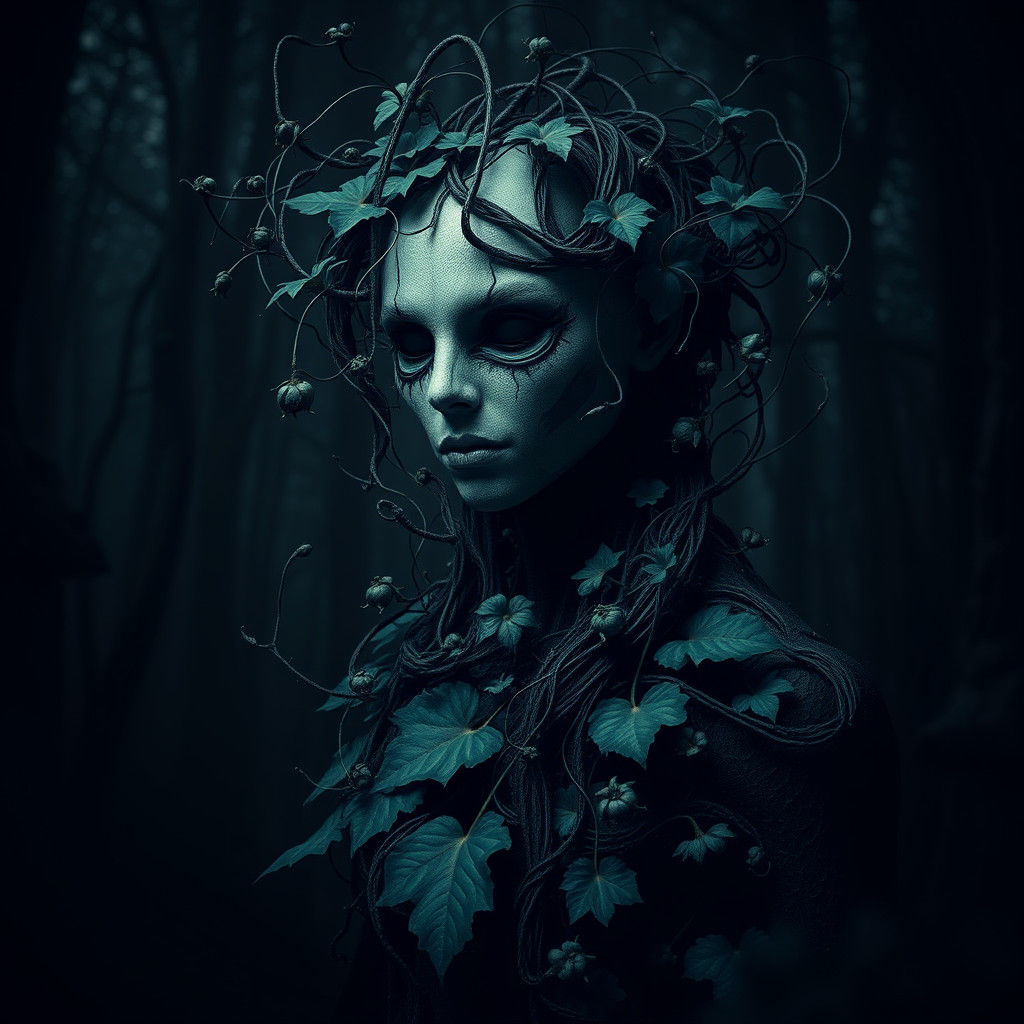 Surreal Gothic Forest Entity Blends with Trees in Dark, Mute...