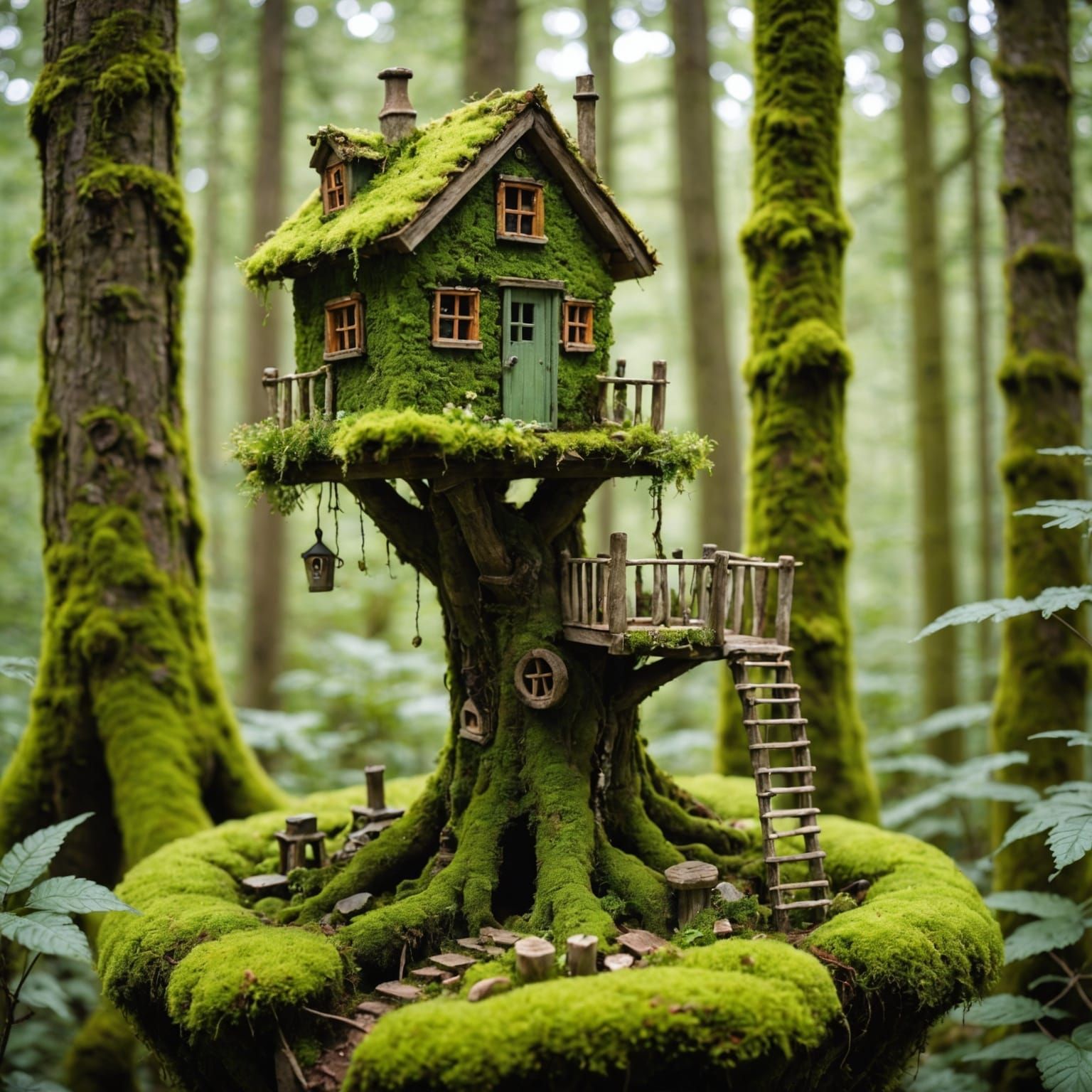 Tiny Mossy Tree House Amidst a Verdant Forest