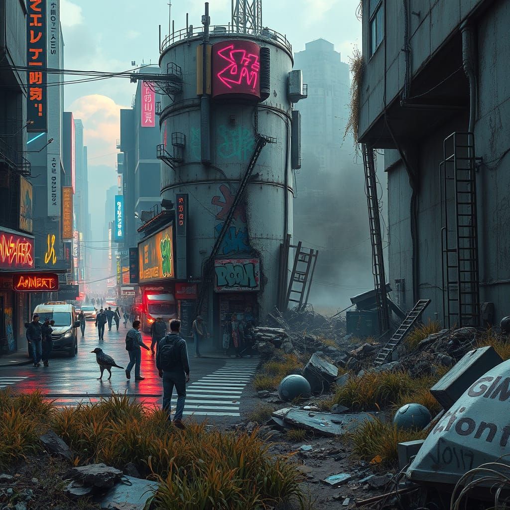 Cyberpunk Street Art Dissolving into Wasteland
