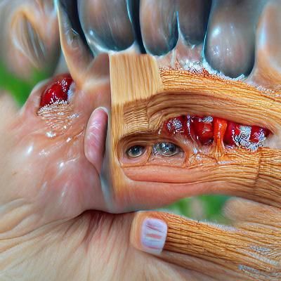 Hands Transformed into Chainsaws in a Gory Hyperrealist Scen...