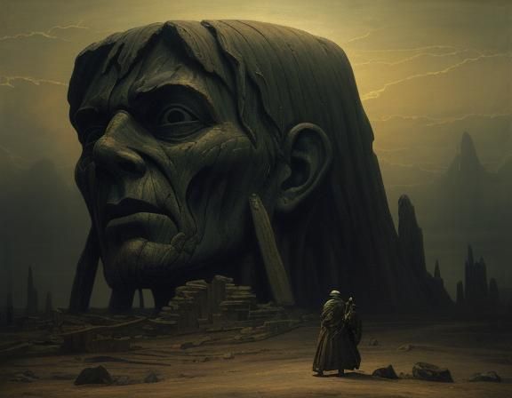 Majestic Ozymandias Statue Crumbles in Futuristic Desert Twi...