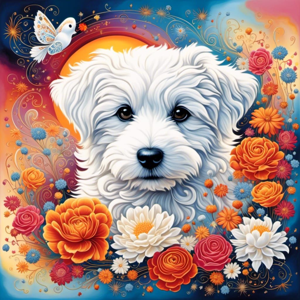 Vibrant Floral Puppy in Swirling Galaxy Background