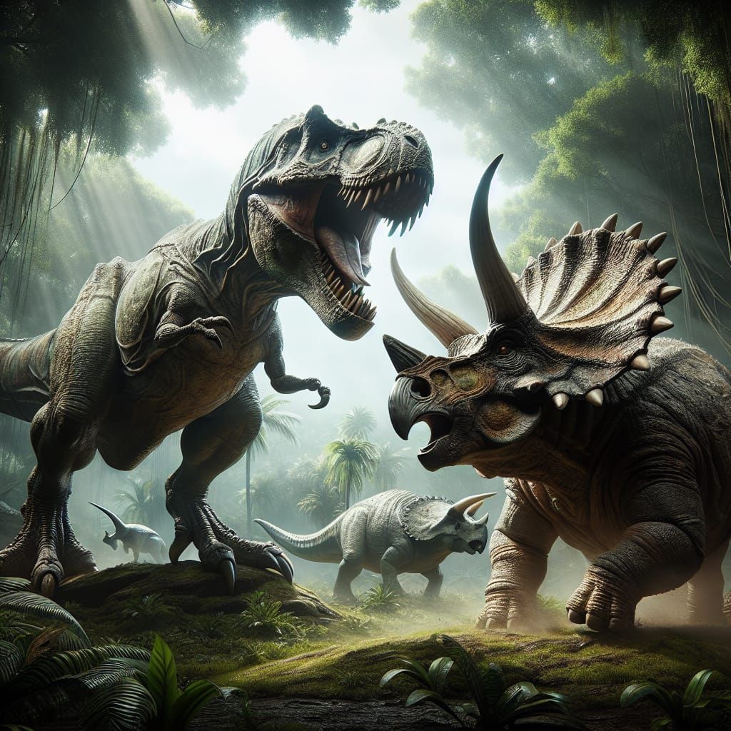 Tyrannosaurus Rex Battles Triceratops in Lush Cretaceous Jun...