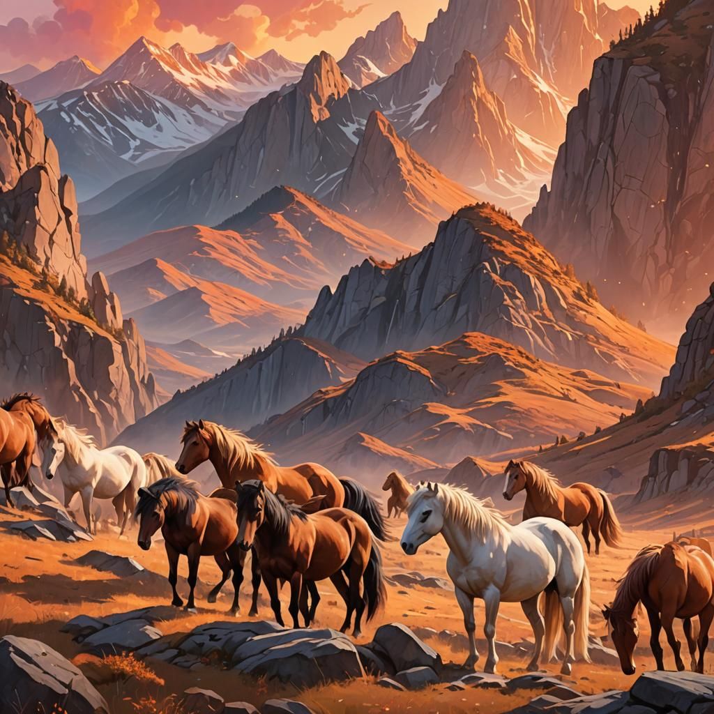Majestic Wild Horses in Enchanted Mountain Landscape