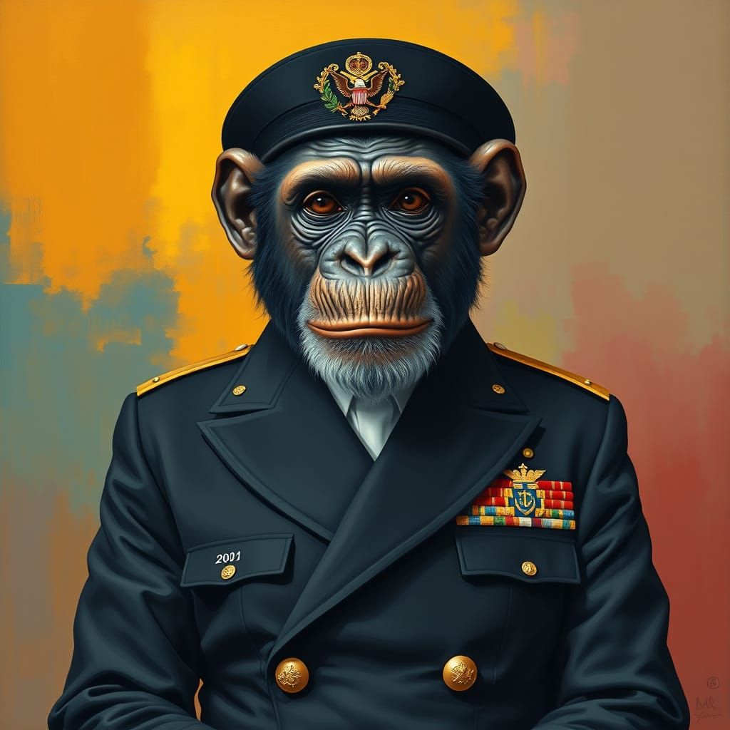 Chimpanzee as US Navy Admiral in Mid-Century Style