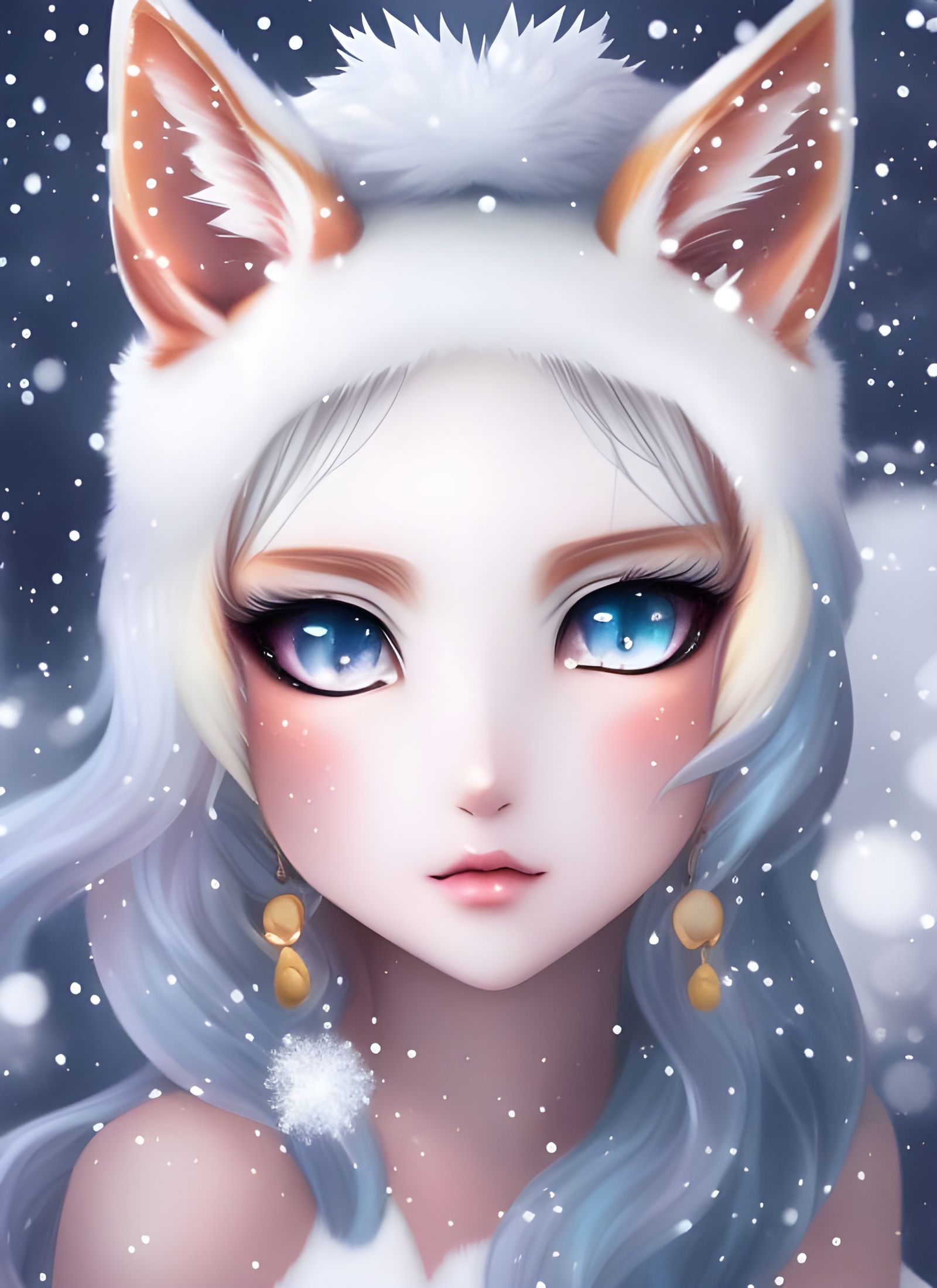 Cute White Kitsune Girl in Snowy Scene