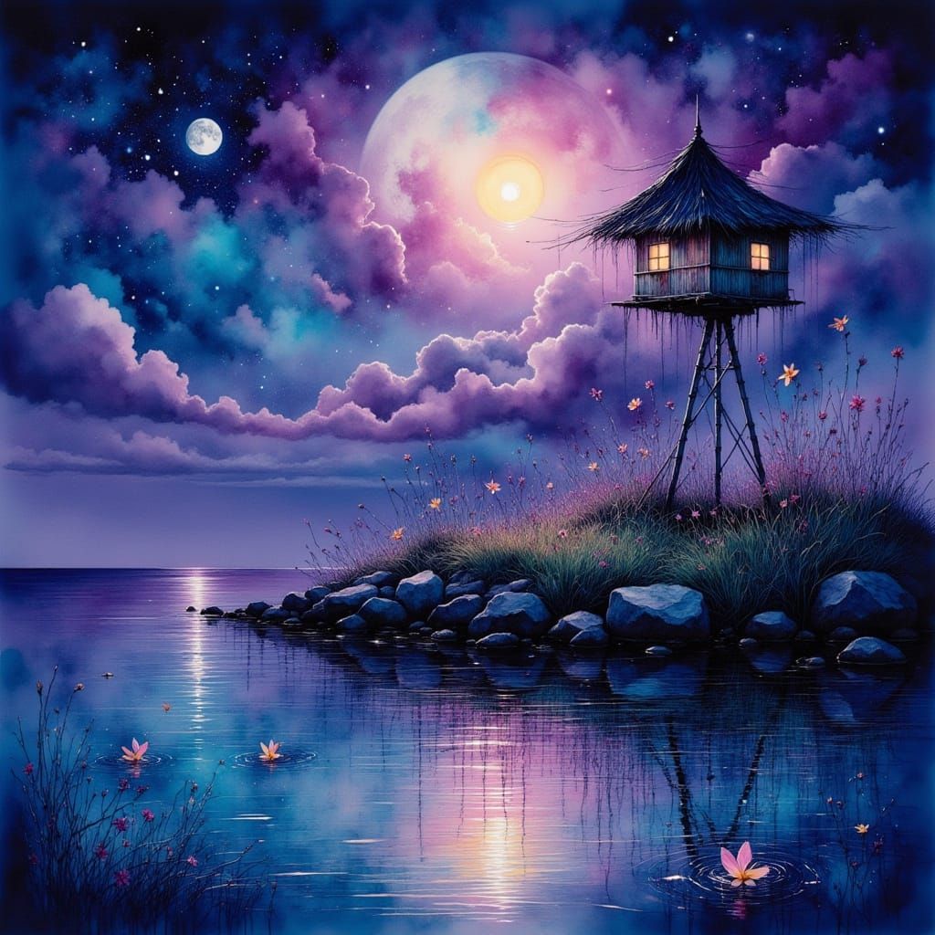 Secluded Island Under Moon: Dreamy Landscape